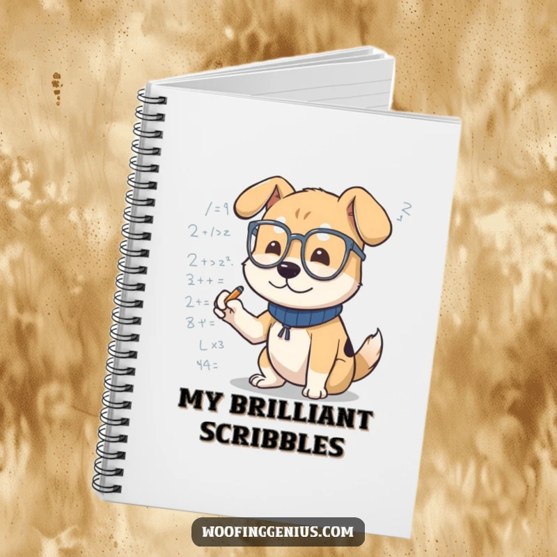 Funny dog notebook with a dog wearing spectacles, enthusiastically writing mathematical formulas. Ideal for note-taking.