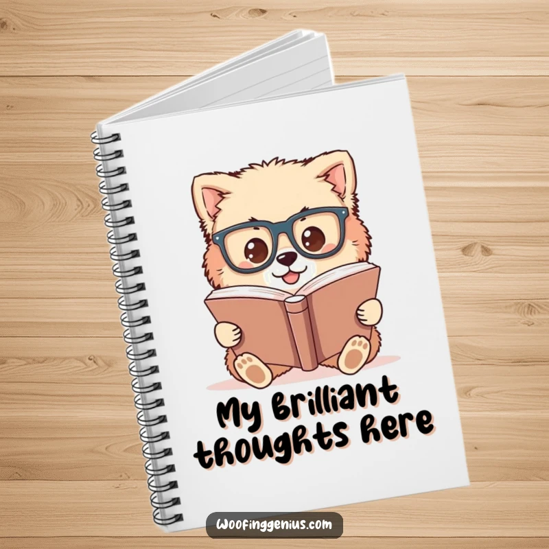Funny notebook cover shows a fluffy dog wearing oversized glasses, intently studying a large book.