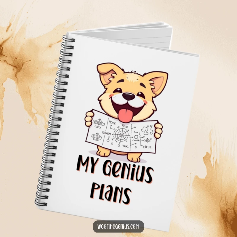 Funny dog notebook with a dog triumphantly holding a complex diagram. Ideal for planning and strategy.