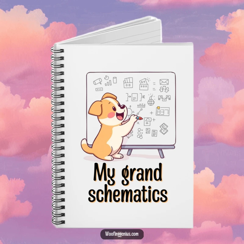 Funny dog drawing complex diagrams on a whiteboard, on the cover of a notebook.