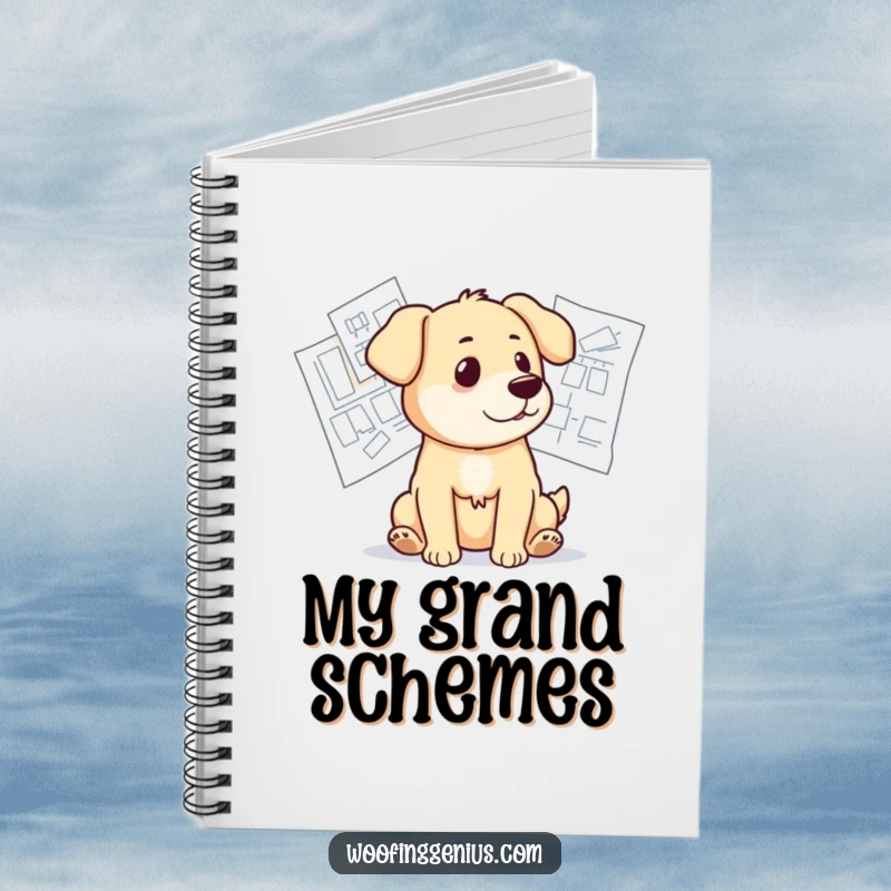 Funny notebook cover featuring a dog looking thoughtfully at blueprints, ready to capture innovative design ideas.