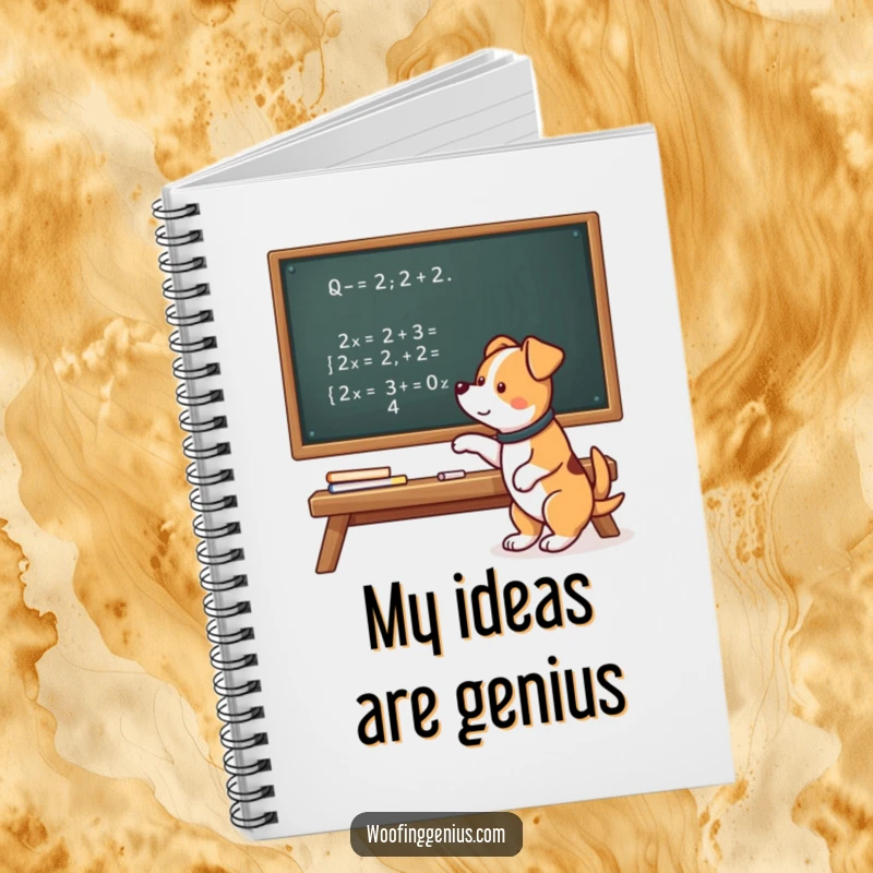 Funny notebook cover with a clever dog pointing at a complex math equation on a chalkboard, inspiring ideas.