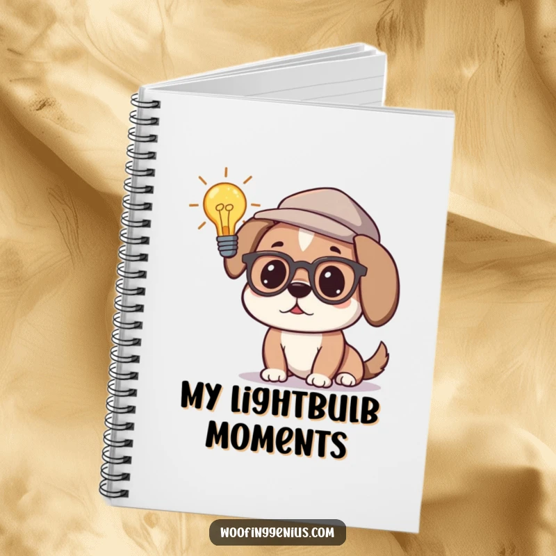 Funny notebook cover illustration of a dog wearing glasses and a thinking cap, with a lightbulb above its head, symbolizing inspiration.
