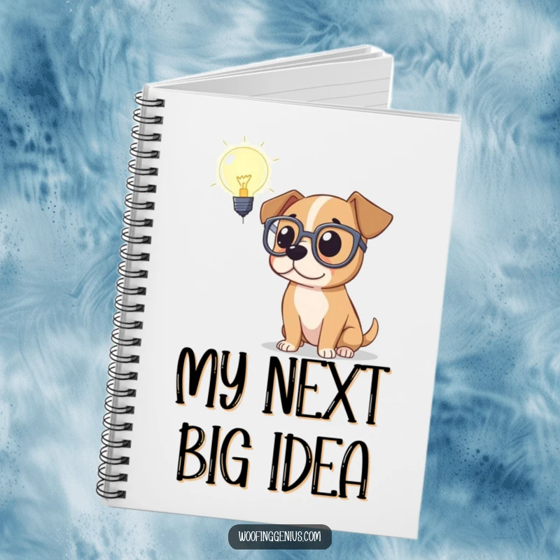 Funny notebook cover art of a dog in glasses contemplating a lightbulb, symbolizing inspired and clever note-taking.