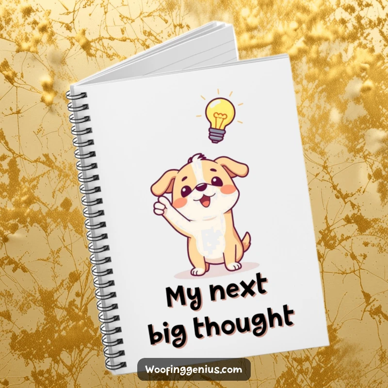 Funny notebook: a dog excitedly pointing towards a shining lightbulb overhead, signifying a moment of brilliant inspiration.