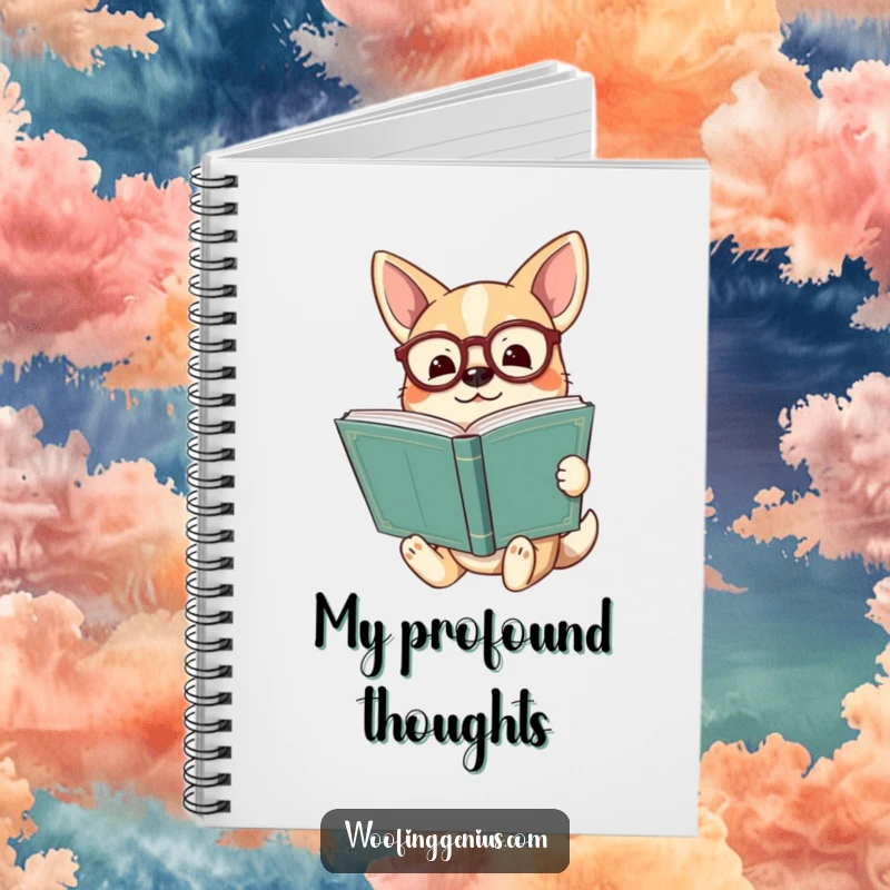 Funny dog wearing spectacles holding a huge ancient book, looking enlightened on a lined notebook, perfect for notes.