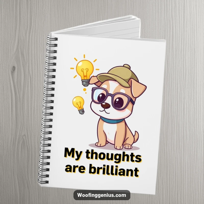 Funny Notebook: A dog wearing glasses and a thinking cap ponders a bright lightbulb, perfect for jotting down brilliant thoughts.