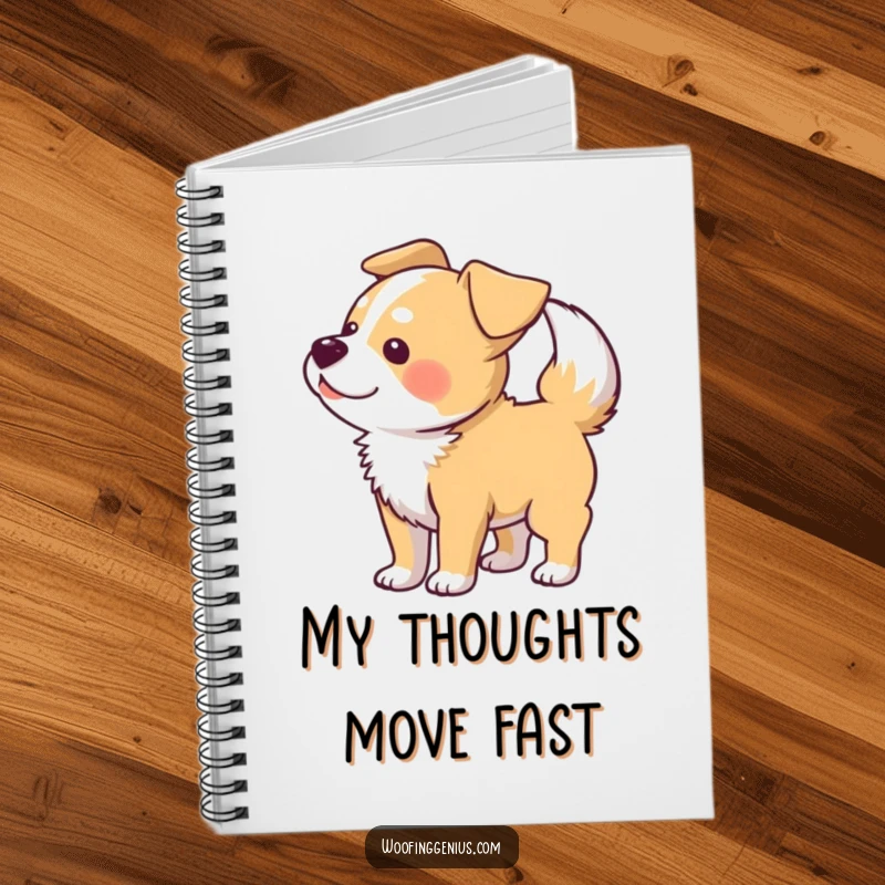 Funny notebook cover shows a dog wagging its tail so hard that its body forms a blur pattern.