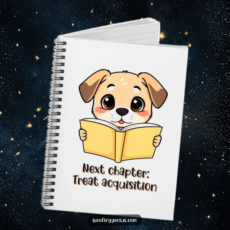 Funny notebook: a dog looking incredibly intelligent, holding an open book with eyes wide in sudden, profound understanding.
