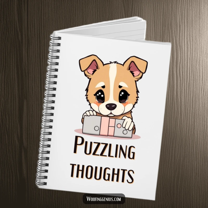Funny Notebook: Dog contemplating a solved complex puzzle, a humorous journal for brilliant ideas.