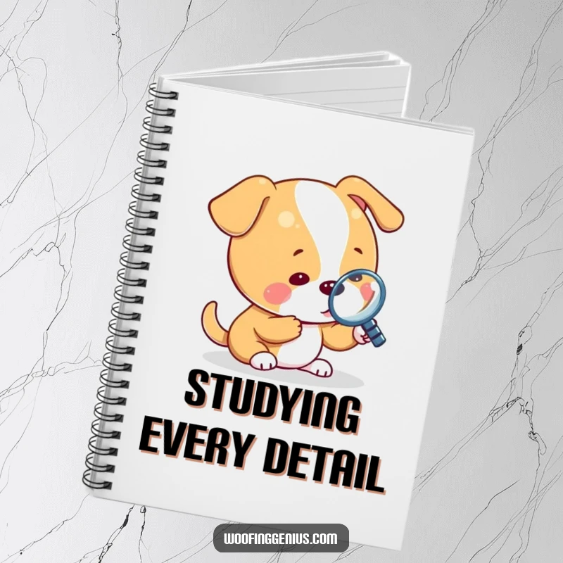 Funny notebook cover with a dog using a magnifying glass to inspect a tiny object, encouraging detailed observation.