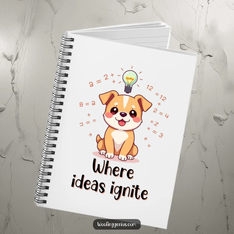 Funny dog notebook with a dog amidst floating equations, a lightbulb symbolizing a great idea above.