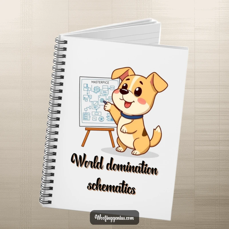 Funny dog blueprint notebook, a dog excitedly presenting a complex blueprint, perfect for note-taking.