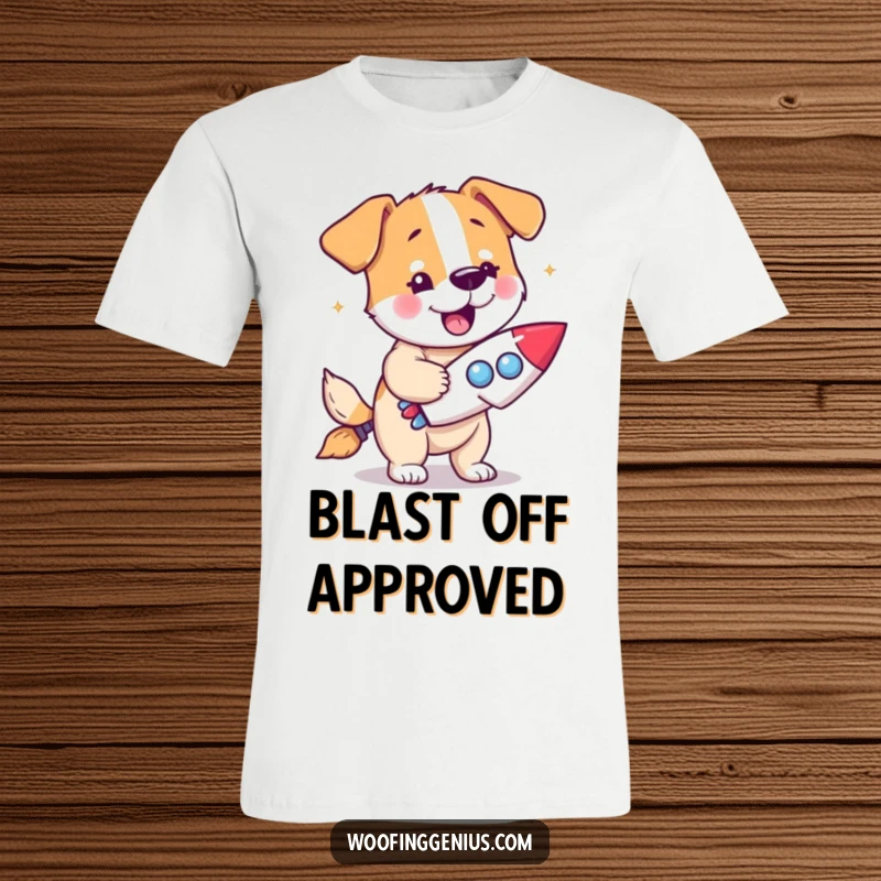 Funny dog t-shirt showing a dog with a eureka expression holding a miniature rocket ship.