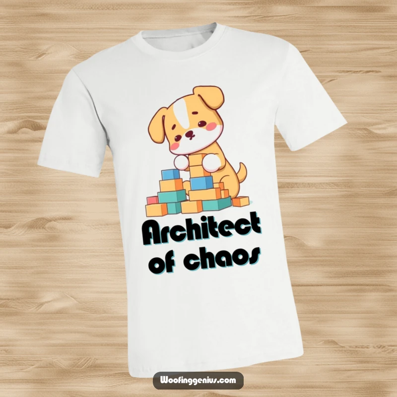 Funny T-Shirt: Dog meticulously arranging building blocks to create a towering structure, highlighting focus and humor.