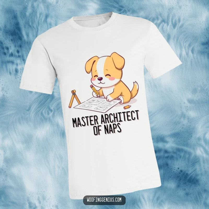Funny T-Shirt: A dog intently sketches complex blueprints with a small pencil, depicting a master architect at work.