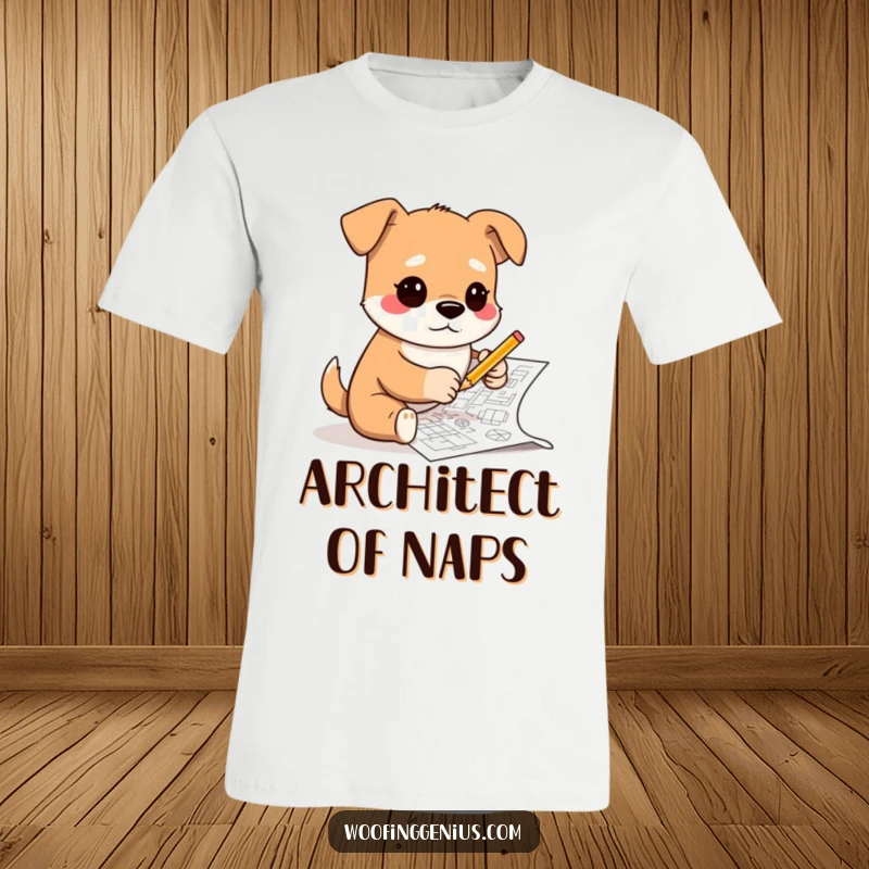 Funny t-shirt of a dog wearing glasses and sketching complex blueprints with a tiny pencil, symbolizing intricate design and artistic talent.