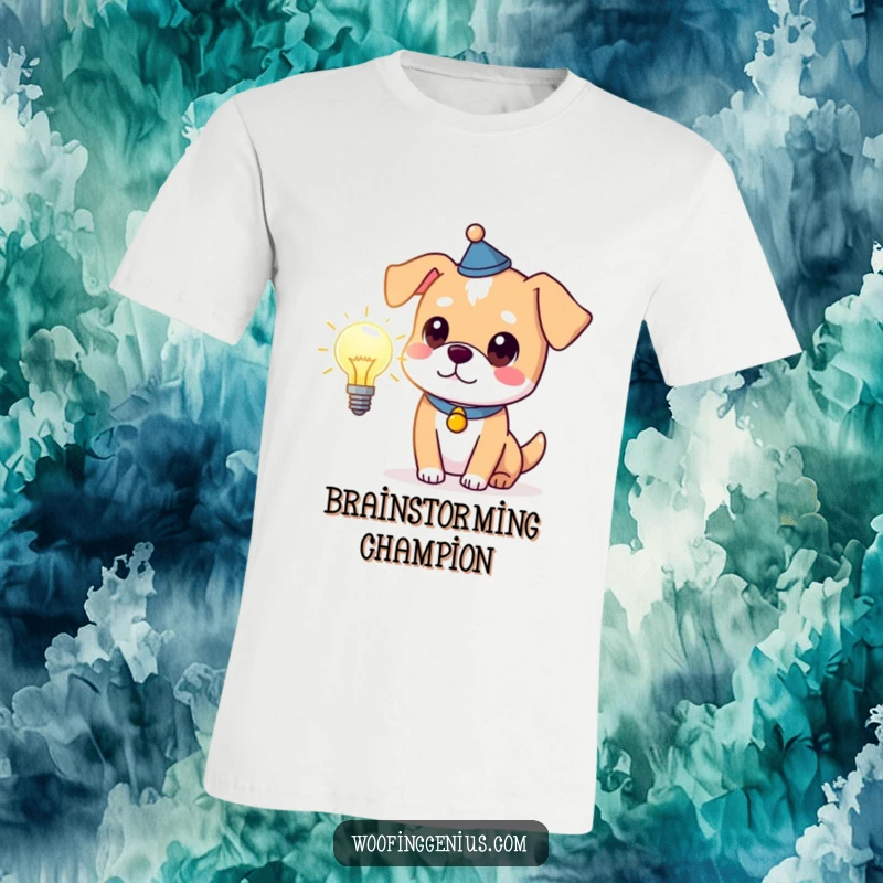 Funny clever dog in a thinking cap holding a glowing lightbulb, printed on a comfortable t-shirt, representing bright ideas.