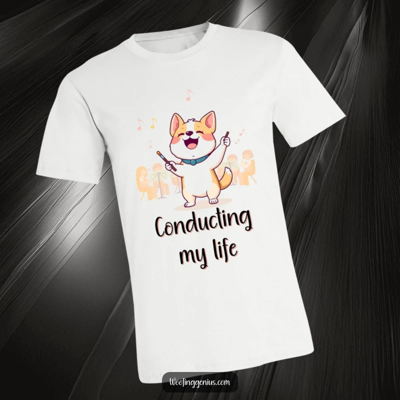 Funny conductor dog t-shirt: a joyful dog leads an invisible orchestra with a tiny baton, embodying musical energy and fun.