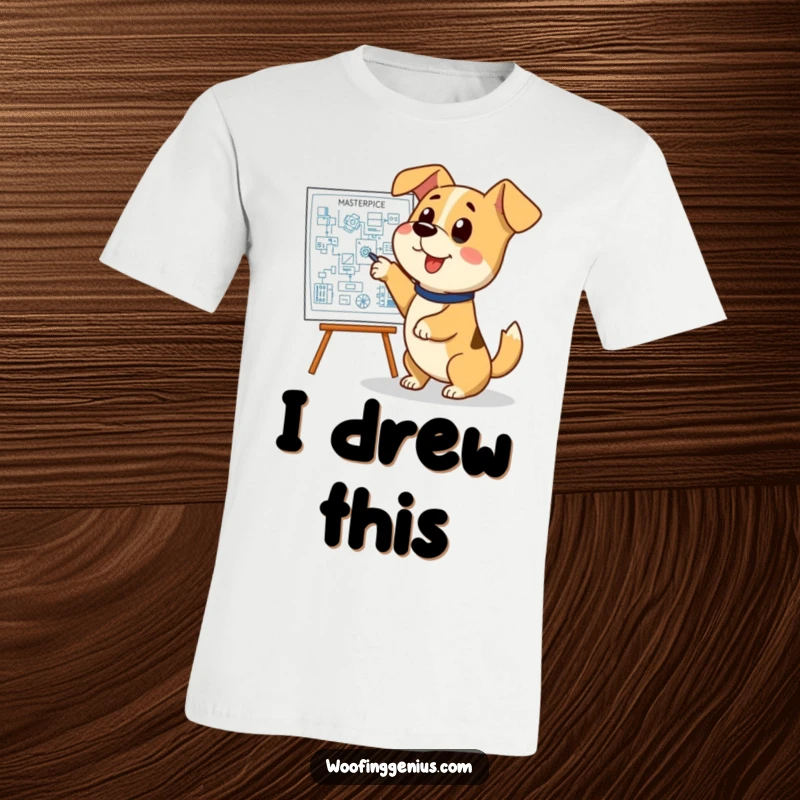 Funny dog blueprint t-shirt, a smart dog excitedly pointing at a detailed blueprint with a wagging tail, showing off intellect.