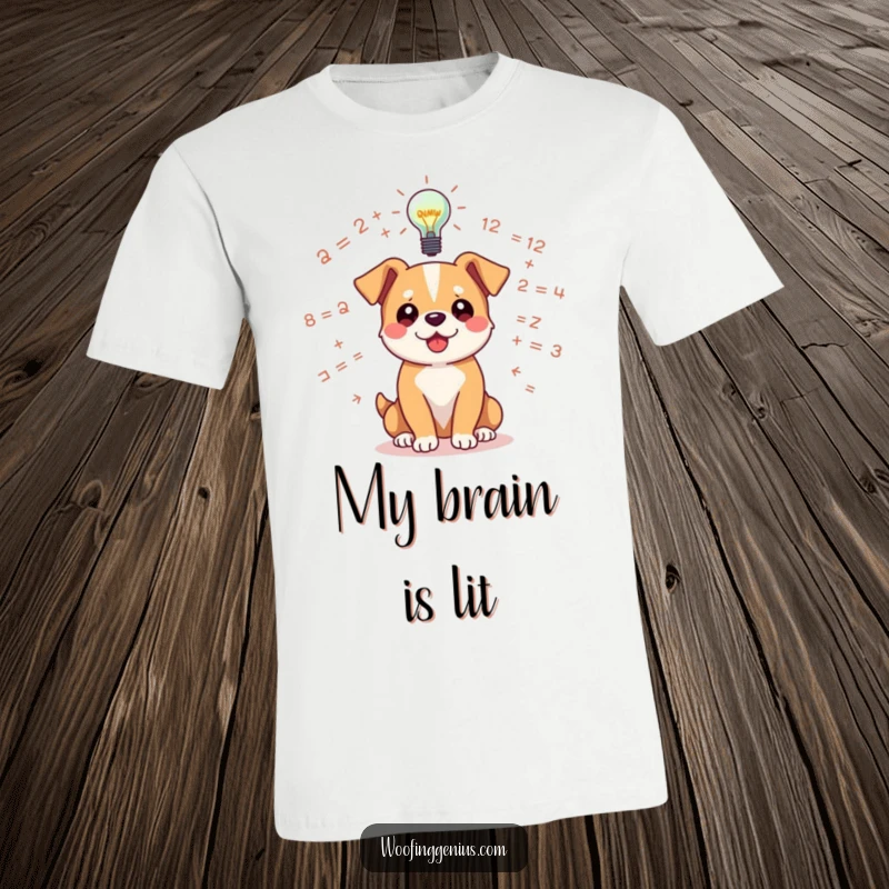 Funny dog t-shirt with a dog surrounded by floating equations, a lightbulb symbolizing a brilliant idea above.