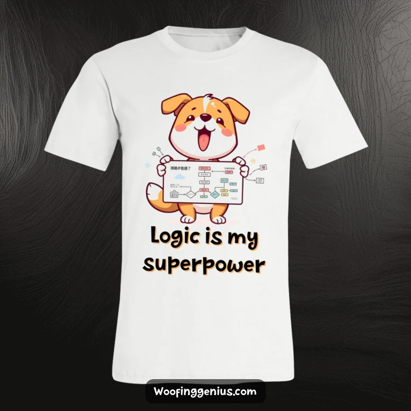 Funny dog character wagging tail, presenting a detailed flowchart, showcasing intellect and humor on a comfortable t-shirt.