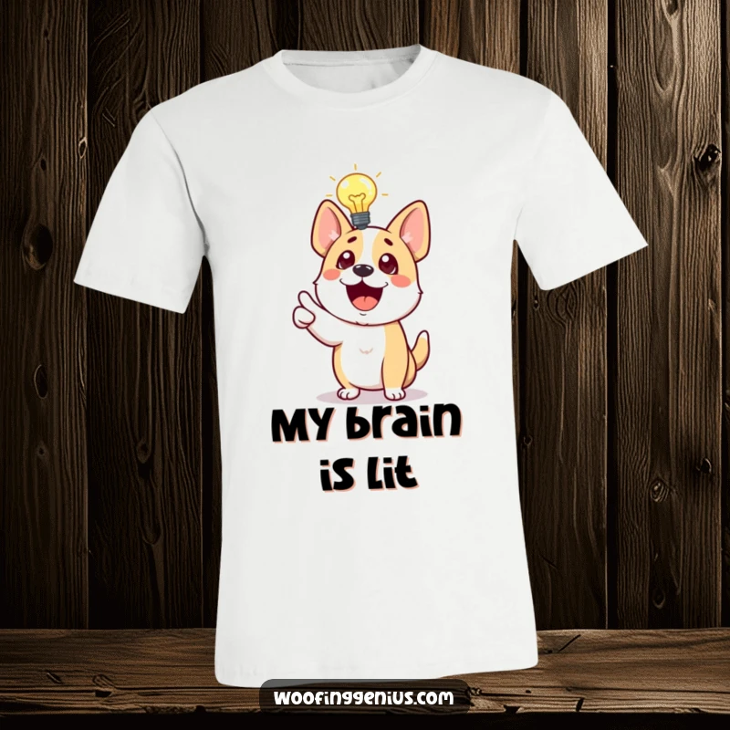 Funny Dog T-Shirt with a lightbulb above its head, excitedly pointing, representing a brilliant idea and energetic personality.