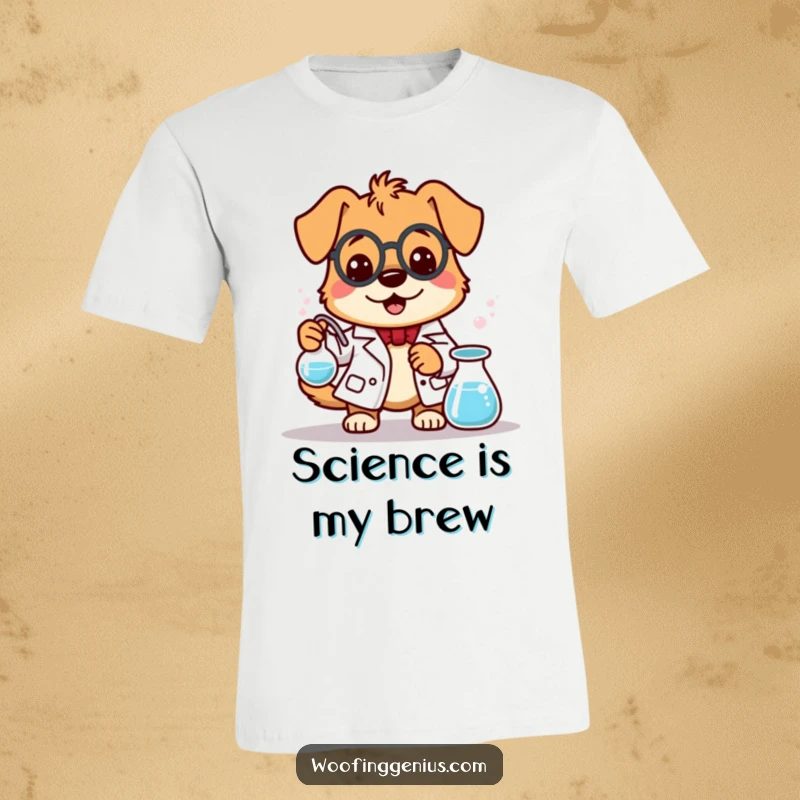 Funny dog wearing a lab coat stirs a bubbling beaker on this science-themed t-shirt, blending humor and chemistry.