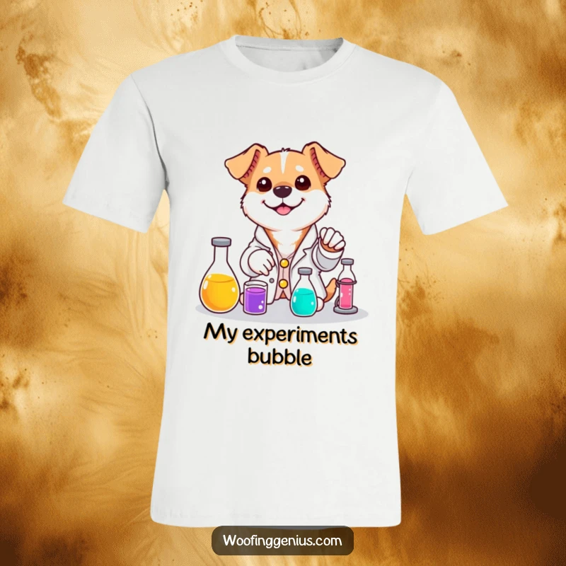 Funny dog t-shirt featuring a dog in a lab coat mixing colorful liquids with a cheerful smile.