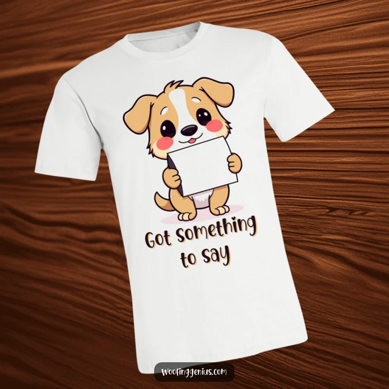 Funny dog t-shirt showing a dog winking while presenting a stack of colorful notecards, symbolizing communication.