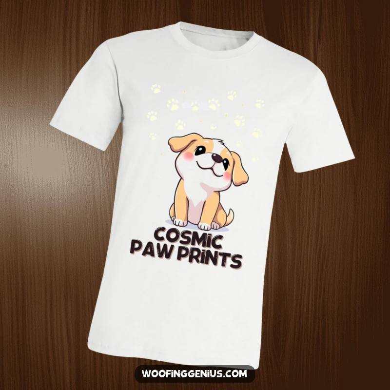 Funny dog looking up at a sky full of paw print constellations, capturing a dog lover's dream. Perfect funny gift tee.