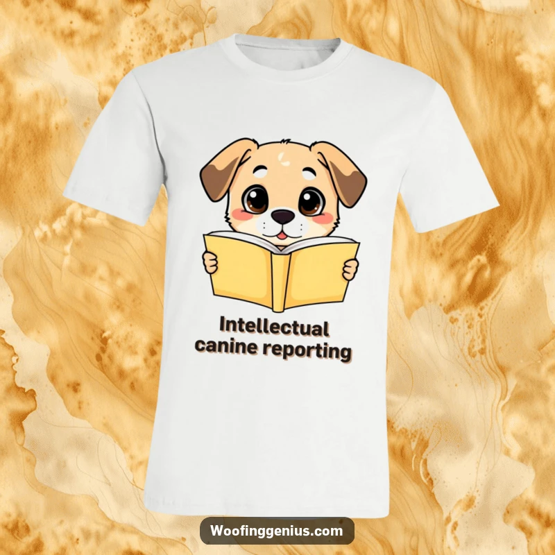 Funny t-shirt: a dog looking enlightened while holding an open book, showcasing sudden understanding and intelligence.