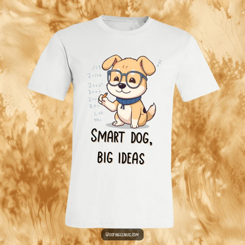 Funny dog t-shirt with a dog wearing glasses, intensely scribbling mathematical formulas, embodying academic humor.