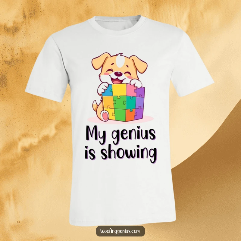 Funny t-shirt depicting a happy dog focused on solving a brightly colored, complex puzzle cube with intense concentration.