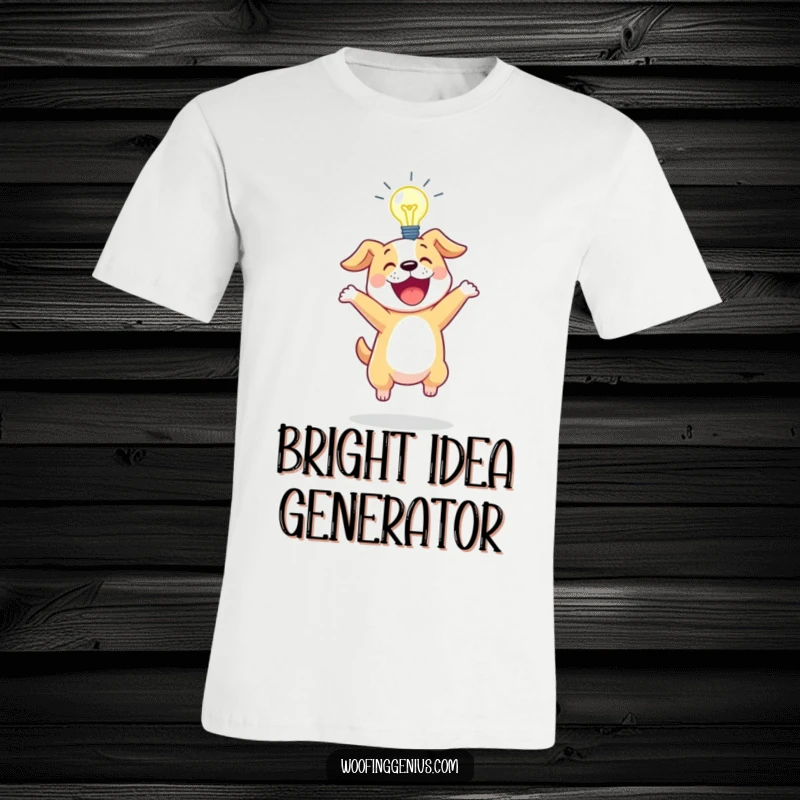Funny t-shirt featuring an excited dog bouncing energetically with a glowing lightbulb overhead.