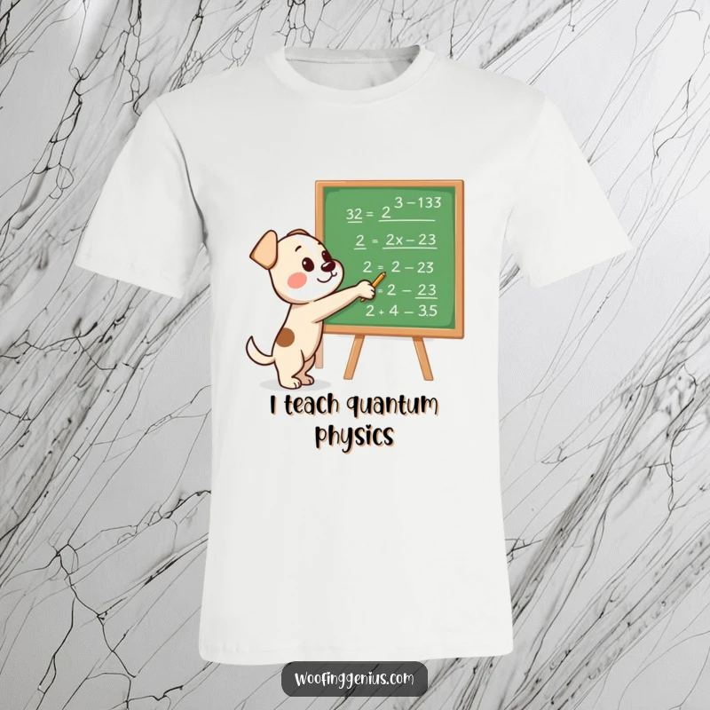 Funny t-shirt design of a dog confidently pointing at a blackboard filled with intricate mathematical formulas and equations.