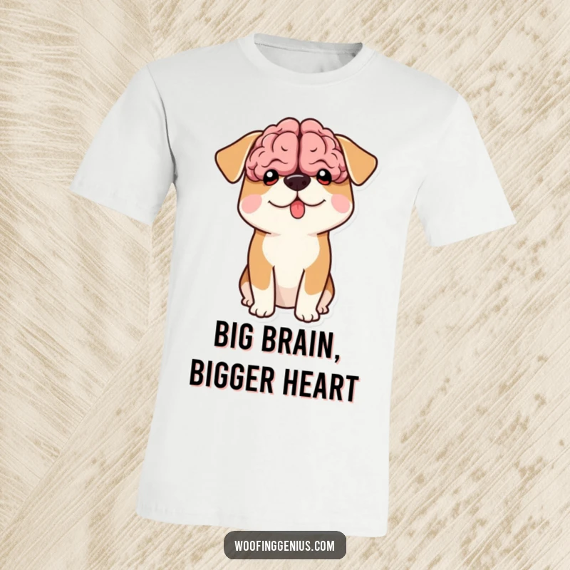Funny t-shirt featuring a dog with a comically oversized brain shape visibly peeking out from its head.