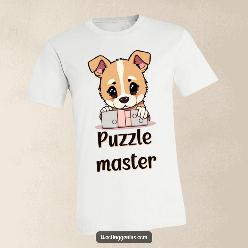 Funny T-Shirt: Dog with a thoughtful gaze contemplating a complex puzzle that has been solved, showing brilliance.