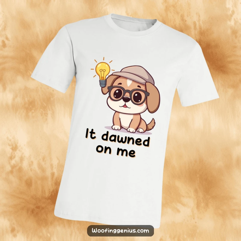Funny t-shirt of a dog wearing glasses and a thinking cap, pondering a glowing lightbulb, representing intelligence and a sudden great idea.