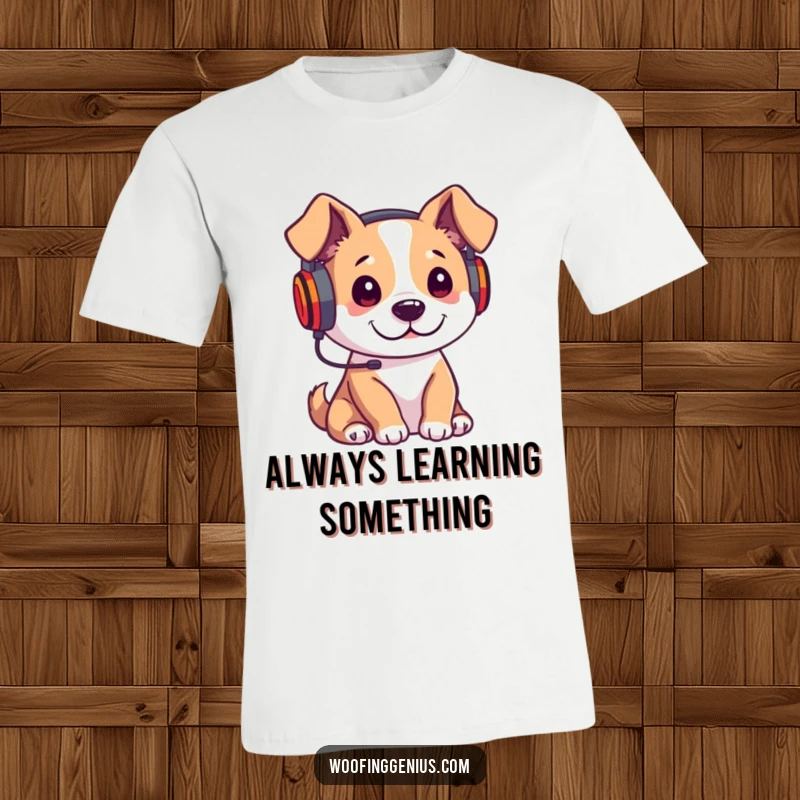 Funny t-shirt with a dog wearing headphones, appearing to listen very carefully to a lecture, absorbed in the lesson.