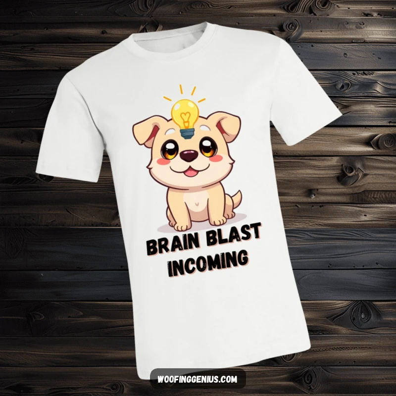 Funny t-shirt depicting a dog character with a glowing lightbulb above its head, eyes wide with inspiration, representing a breakthrough idea.