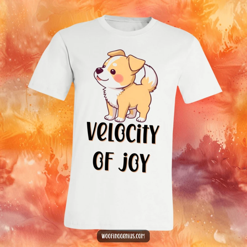 Funny t-shirt featuring a dog whose tail wags so hard it creates a dynamic blur pattern of its body.