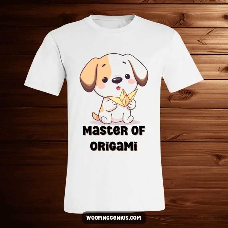 Funny origami dog t-shirt: a proud dog presents a small, folded paper crane, embodying craftsmanship and artistic expression.
