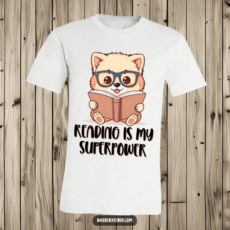 Funny t-shirt featuring a fluffy dog wearing large glasses, engrossed in reading a massive book.