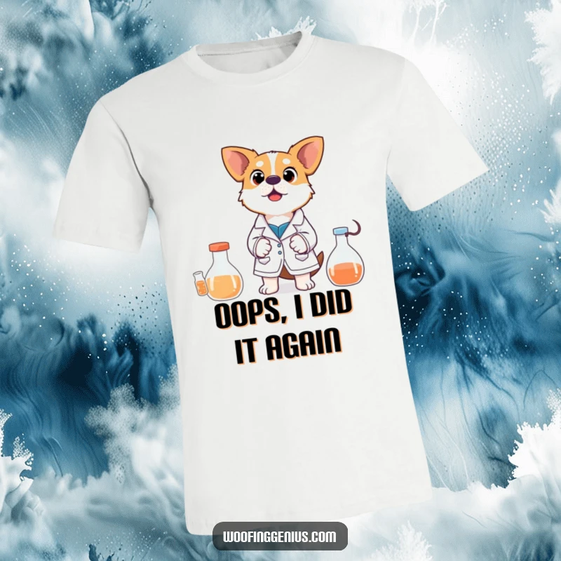 Funny T-Shirt: A dog in a lab coat displays shock and surprise at the results of an experiment, a humorous scientific moment.