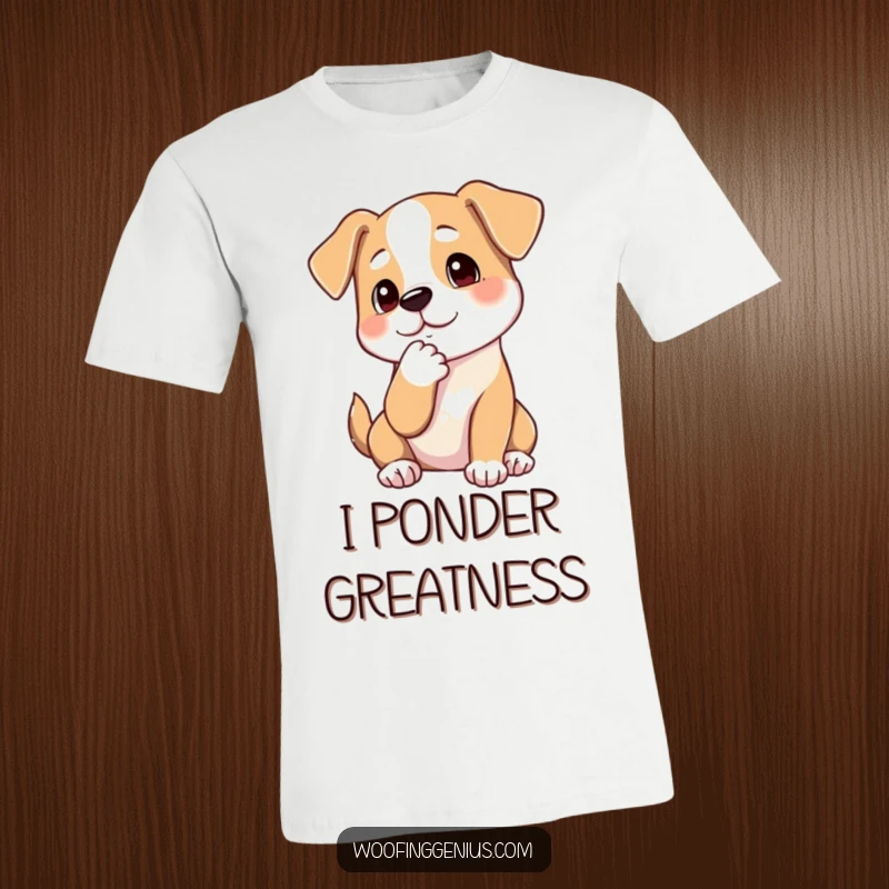Funny t-shirt depicting a dog thoughtfully stroking its chin with a paw, embodying a moment of deep reflection and consideration.