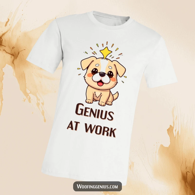 Funny t-shirt showing a dog having a sudden Eureka moment with sparks and a lightbulb.