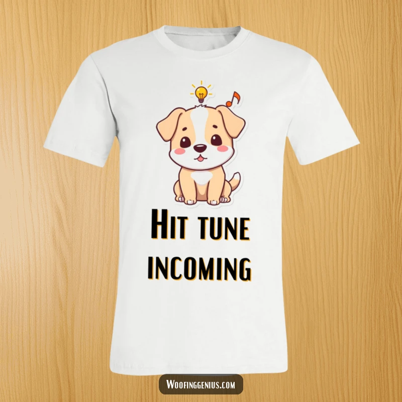 Funny dog t-shirt featuring a dog with an idea bubble containing a lightbulb and a musical note, representing innovation.