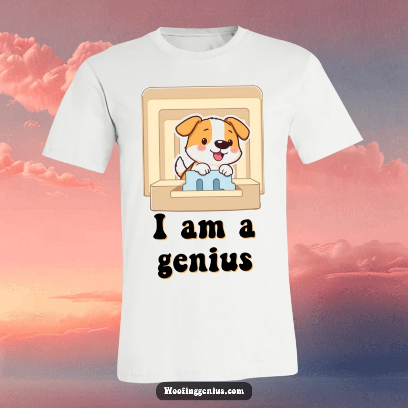 Funny t-shirt depicting a dog smiling while expertly solving a puzzle maze, representing intellect and a triumphant approach to challenges.