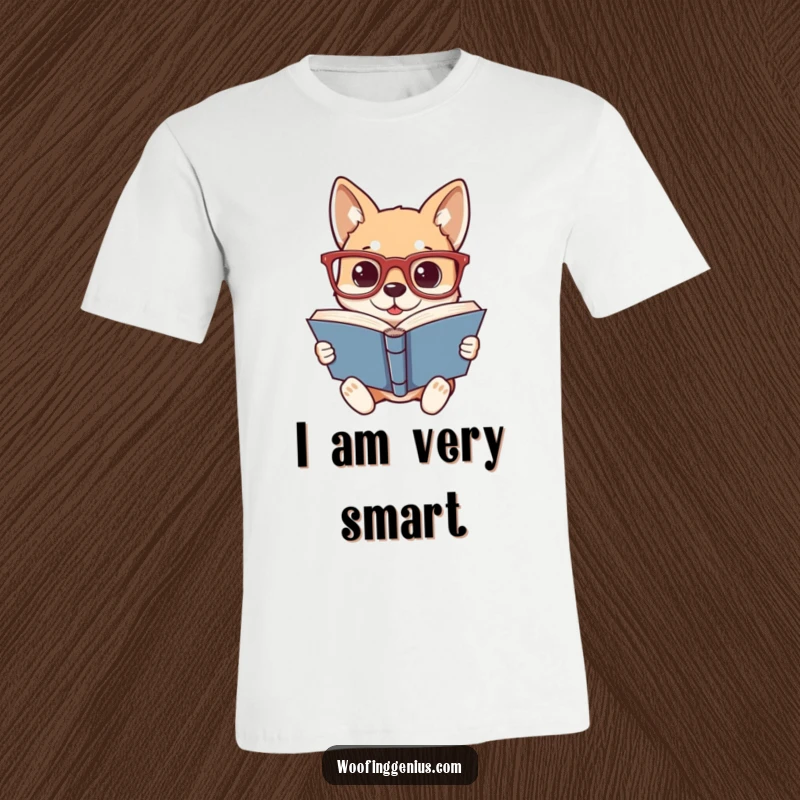 Funny t-shirt depicting a smart dog in oversized glasses, deeply engrossed in reading a thick book, perfect for bookworms.